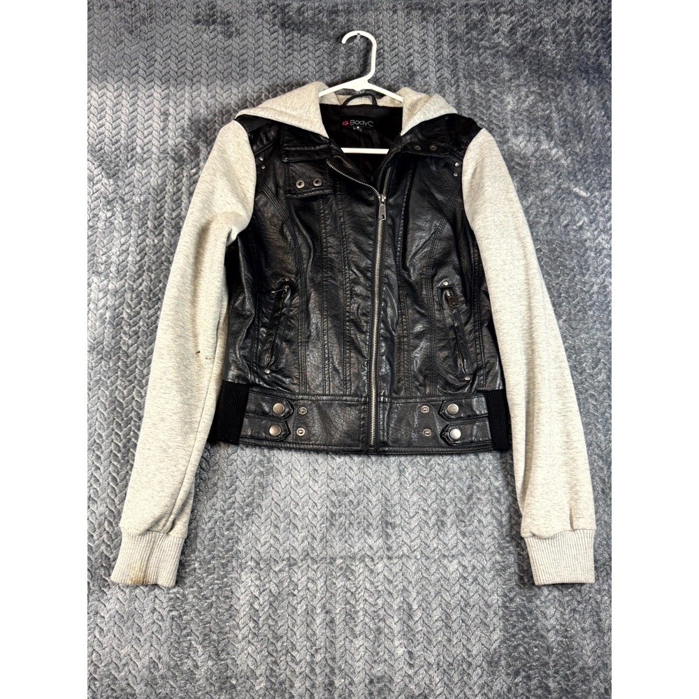 BodyC Moto Jacket Womens Medium Black Gray Faux Leather Hooded Asymmetrical Zip